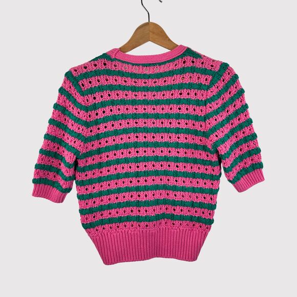 NWT ZARA Womens Cardigan Pink Striped V Neck Cropped Short Sleeve Sweater Small - Picture 3 of 11